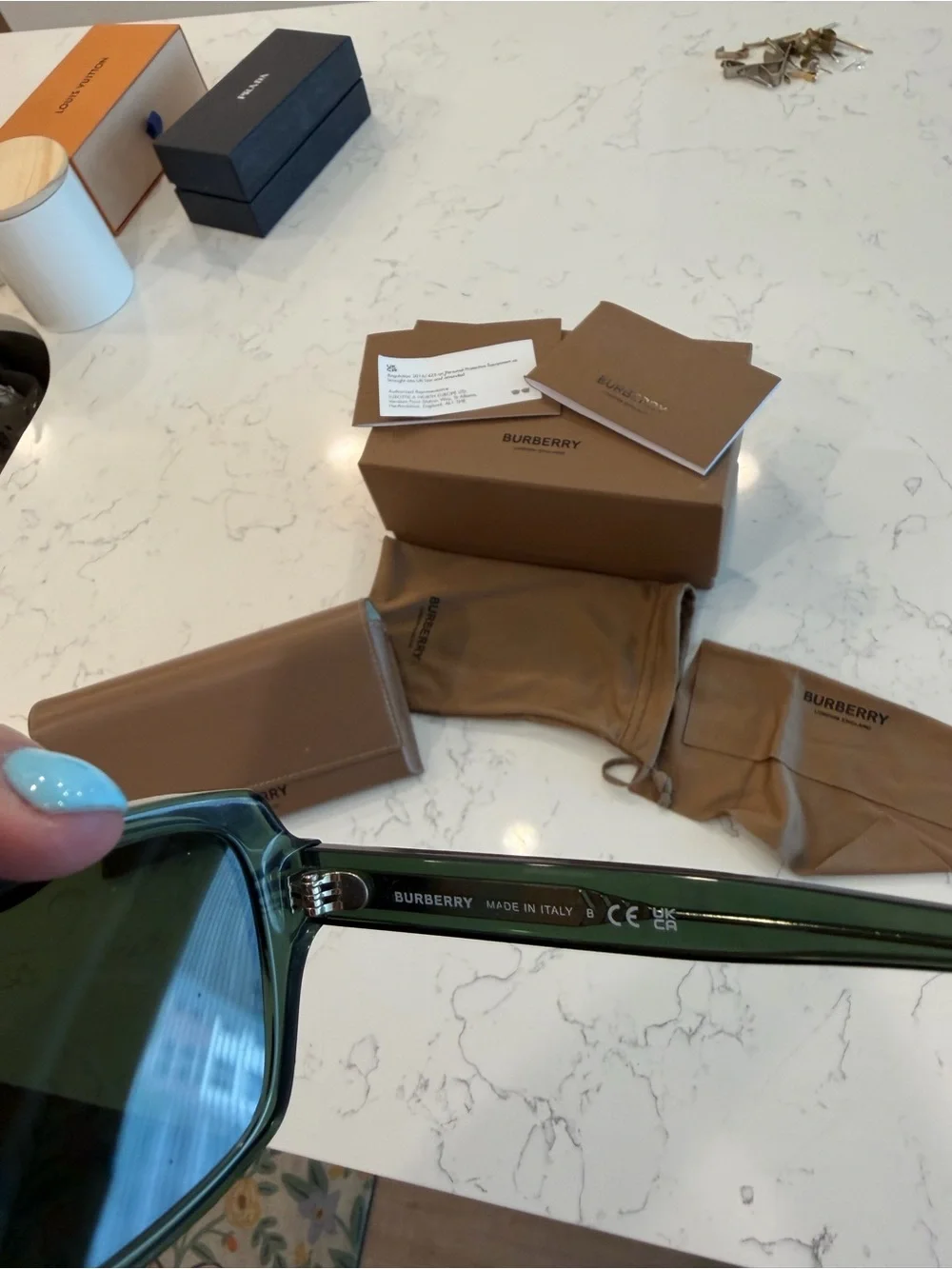 Burberry Green Rectangular Sunglasses with Brown Accessories